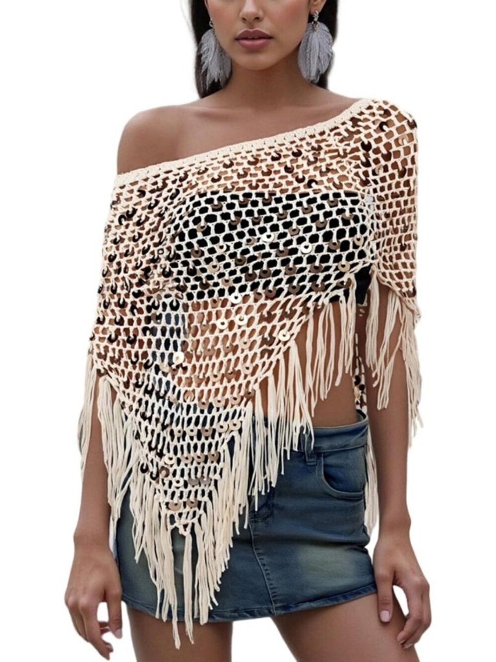Women hollow Apricot Lightweight Knit Crochet Shrug Bolero Mesh Batwing Cover Up